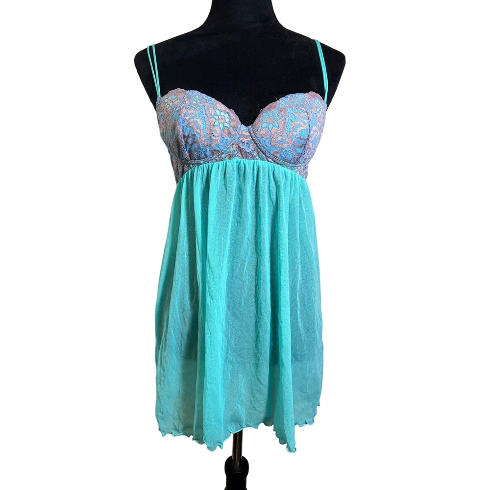 Cosabella Babydoll Lingerie Lace Trim‎ Sheer Aqua Blue Mini Dress Size M